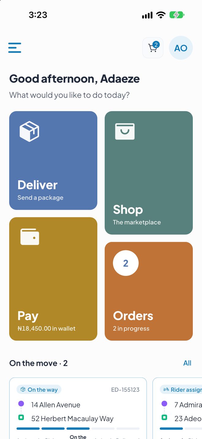 The EasyDispatch app home screen with Deliver, Shop, Pay and Orders