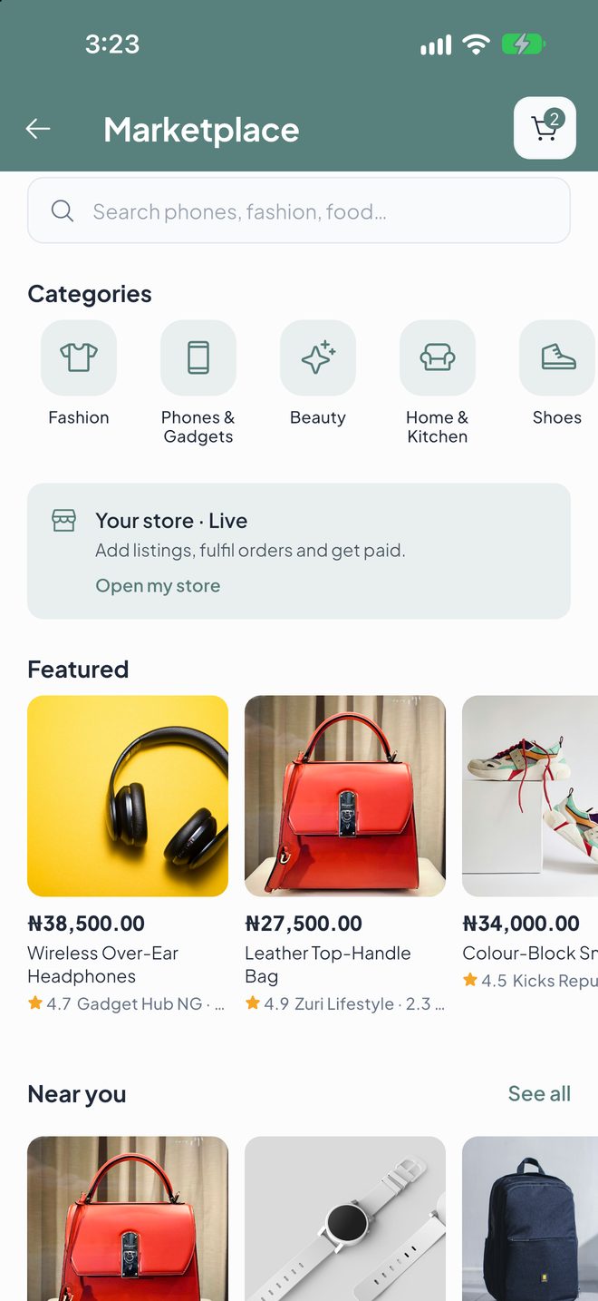 The marketplace with categories, featured and nearby products