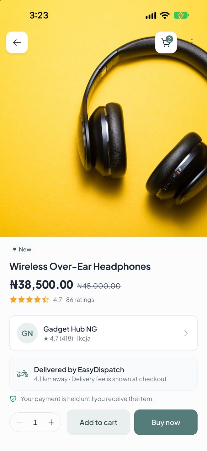 A product page with price, seller and protected payment note