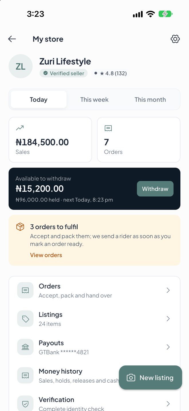 The seller hub with today's sales, balance and orders to fulfil