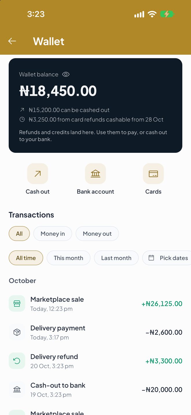The wallet with balance, cash out and transactions